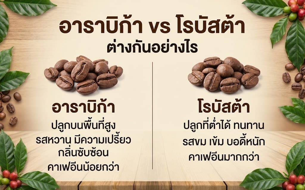 อินโฟกราฟิกเปรียบเทียบเมล็ดกาแฟอาราบิก้าและโรบัสต้า