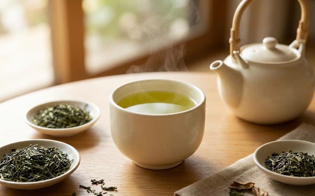 Hot green tea in a ceramic cup with dried tea leaves and a teapot