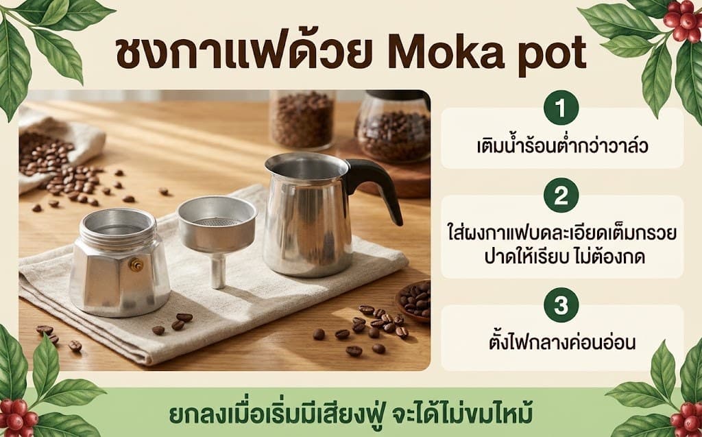 อินโฟกราฟิกชงกาแฟด้วย Moka pot: หม้อแยก 3 ส่วน และ 3 ขั้นตอนการชง