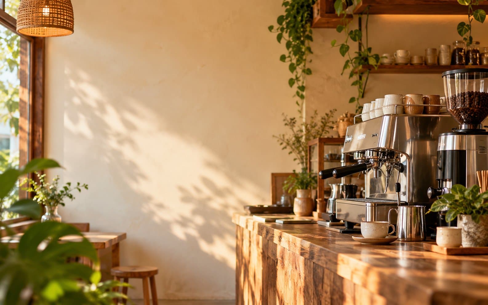 ภาพประกอบเคาน์เตอร์ร้านกาแฟขนาดเล็กพร้อมเครื่องชงและเครื่องบดกาแฟ