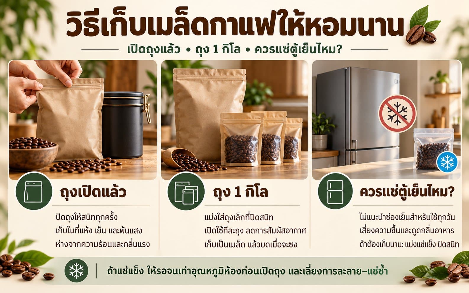 Infographic on storing coffee beans: opened bags, 1 kg bags and whether to use the fridge (in Thai)