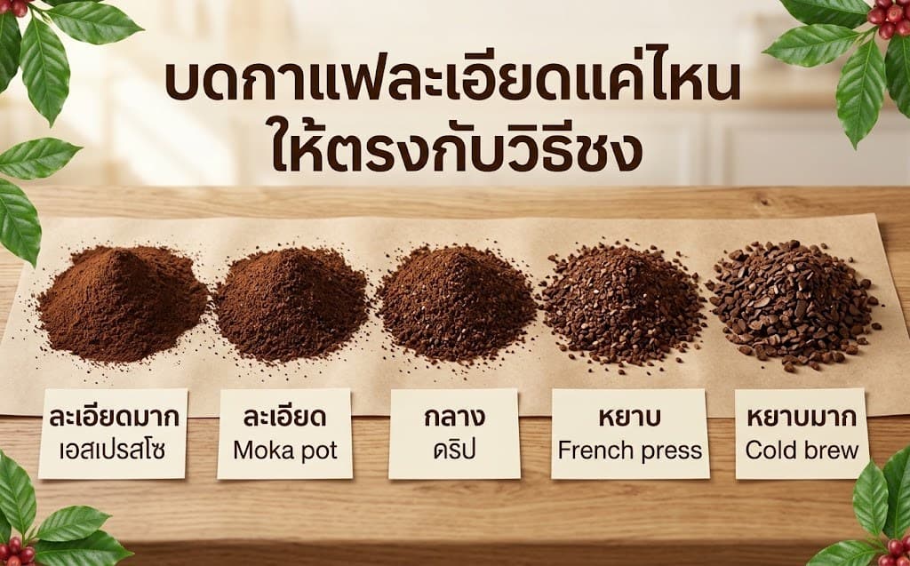 อินโฟกราฟิกขนาดบดกาแฟ 5 ระดับ จากละเอียดมากสำหรับเอสเปรสโซ ถึงหยาบมากสำหรับ Cold brew
