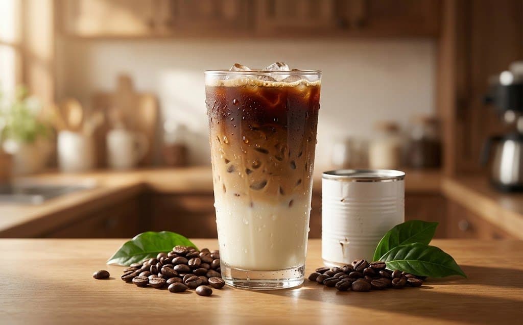 A glass of Thai iced coffee with dark roast beans and a can of condensed milk